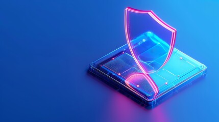 Poster - Digital security concept with a glowing neon shield on a computer chip, representing data protection and cybersecurity.
