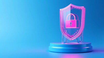 Poster - Digital security concept with a glowing pink shield and padlock icon on a blue pedestal, representing online protection and data privacy.