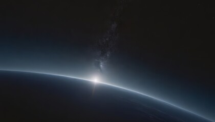 A stunning view of a planet from space, showcasing the sun rising over the horizon with a bright light illuminating the atmosphere and a nebula in the upper left corner.