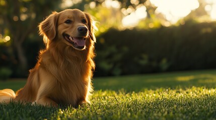 A happy and playful golden-haired dog enjoys the warm sun while sitting on a lush green lawn. 