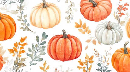 Wall Mural - A painting of pumpkins and flowers with a fall theme