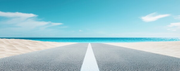 A tranquil road leads towards the serene ocean, framed by shining sands and a clear blue sky.