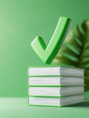 A vibrant green checkmark above a stack of books, symbolizing achievement and knowledge in a fresh, modern setting.