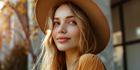 Wall Mural - A woman with blonde hair and a tan hat is smiling. She is wearing a yellow dress. The image has a warm and cheerful mood