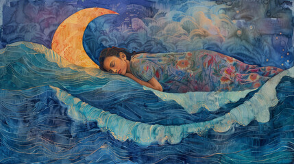 A woman is sleeping in a boat on a body of water