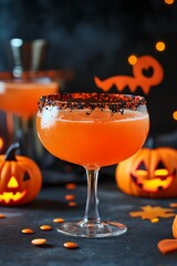 Wall Mural - A glass of orange drink with a sprinkle of black powder on top. The drink is served on a table with a few orange pumpkins and a Halloween decoration