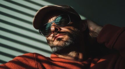 A relaxed individual in casual attire, lying back with striped shadows casting a unique pattern, evoking a calm and serene atmosphere. The face is blurred out.