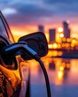 © ParinApril - An electric vehicle charging in the golden glow of sunset, showcasing modern technology against a vibrant city backdrop.