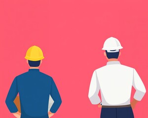 Two construction workers looking at plans, one with a yellow helmet and one with a white helmet.