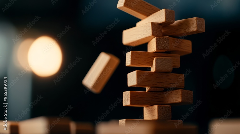 A tower of wooden blocks, carefully stacked, with one block about to ...