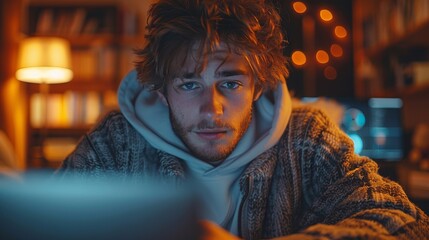 Poster - A man with a beard and glasses is sitting in front of a laptop