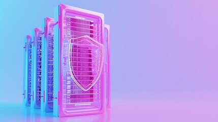 Poster - Digital security concept with shield protecting data servers. Pink and blue gradient background emphasizing online protection and cybersecurity.