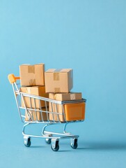 Colorful shopping cart filled with cardboard boxes on a bright blue background, symbolizing online shopping and delivery.