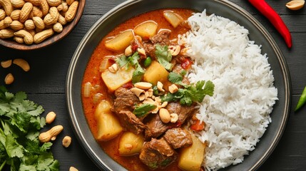 Poster - A traditional plate of Massaman curry, rich and aromatic with tender beef, potatoes, peanuts, and onions, served with fluffy Thai jasmine rice.
