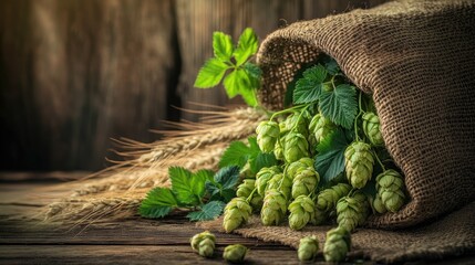 A burlap sack brimming with green hops and wheat, with a wooden background, evoking a sense of harvest and nature.