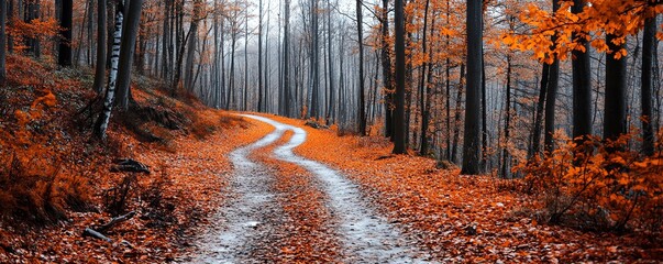 Wall Mural - A winding path through an autumn forest, featuring vibrant orange leaves and misty trees, creating a serene nature scene.