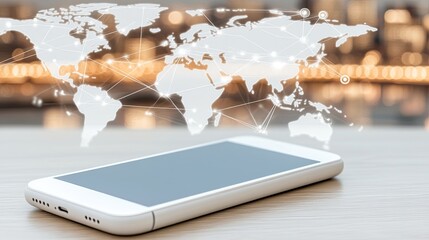 Poster - a smartphone in the foreground highlights a digital network overlaying a blurred world map, illustra