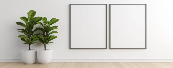 Wall Mural - Minimalist interior design featuring empty frames and decorative plants, perfect for modern home decor inspiration.