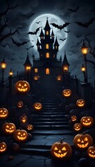 Spooky halloween background with jack o lantern and evil balloons