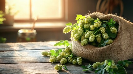 A burlap sack filled with green hops and wheat, placed on a rustic wooden table with a soft natural light.