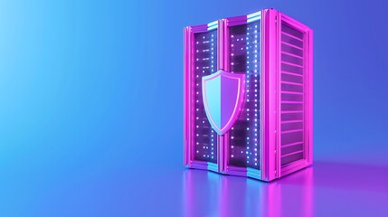 Poster - Digital server with a security shield icon, representing data protection and cybersecurity in a futuristic blue and pink design.