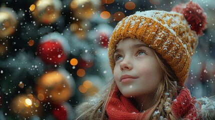 Wall Mural - Portrait of a cute little girl in a winter hat against the backdrop of a winter Christmas blurry landscape with falling snow