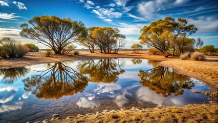 Wall Mural - Worm's eye view landscape of bushes and trees around a dry lake with little water and reflection in foreground