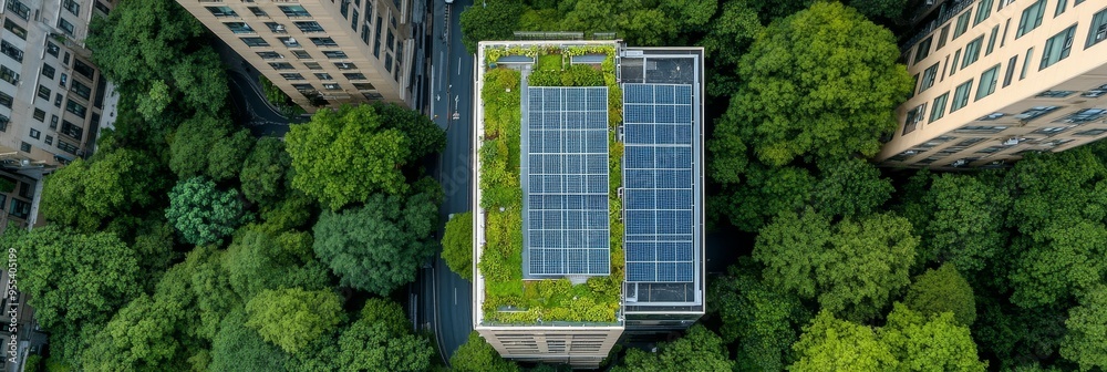 An aerial view of a modern building with a green roof and solar panels ...