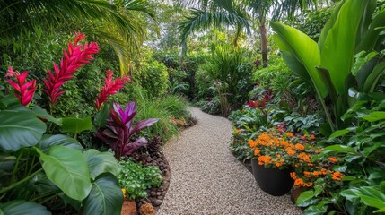 Aufkleber - A tropical garden with lush foliage, colorful flowers, and exotic plants, creating a serene and peaceful oasis in paradise.