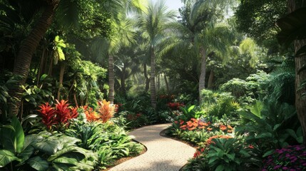 Aufkleber - A tropical garden with lush foliage, colorful flowers, and exotic plants, creating a serene and peaceful oasis in paradise.