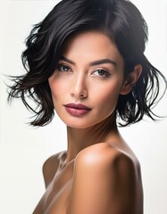 Wall Mural - studio portrait of a brunette short haired woman with nude shoulders on white background