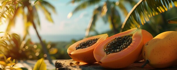 Ripe papayas on tropical setting, 4K hyperrealistic photo