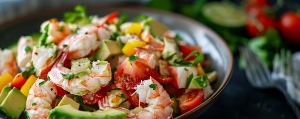 Wall Mural - Crab salad with avocado and tomatoes, 4K hyperrealistic photo