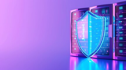 Poster - Digital shield protecting server rack, symbolizing cybersecurity, data protection, and secure digital infrastructure in purple background.