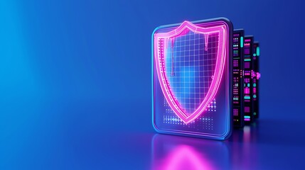 Digital shield representing cybersecurity and data protection with servers in the background, glowing in neon colors on a blue backdrop.