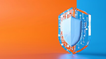 Poster - Digital shield representing cybersecurity concept with a mix of blue and orange background highlighting technology protection.