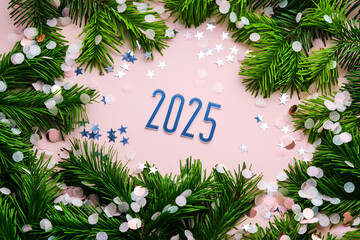 Wall Mural - new year 2025 pink background. number of the coming year in christmas decoration.