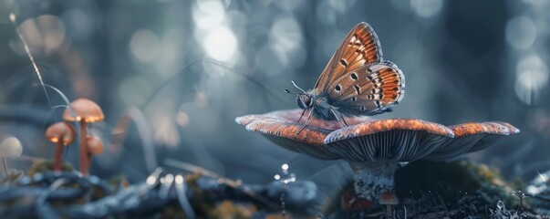 Wall Mural - Elegant moth perched on forest mushroom, 4K hyperrealistic photo