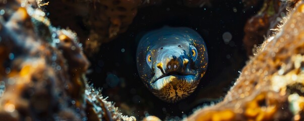 Wall Mural - Moray eel peeking out from crevice, 4K hyperrealistic photo