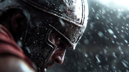 This image shows a person wearing a warrior helmet amidst a snowy scene, capturing the essence of a historical battlefield filled with determination and resilience in a striking visual.