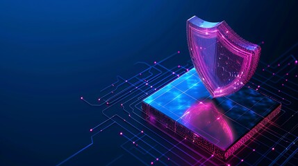 Poster - Digital shield symbolizing electronic security on glowing circuit board, representing cybersecurity and data protection in a futuristic design.