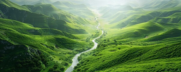 Wall Mural - Lush valley with a river winding through green hills, 4K hyperrealistic photo,