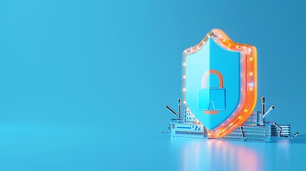 Poster - Digital shield with lock icon on blue background symbolizing cybersecurity and protection of online data in a secure environment.