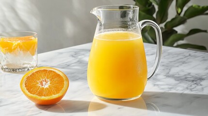 Wall Mural - Refreshing orange juice burst with flavor in a glass pitcher and single glass on a pristine white marble table. A sliced orange adds a vibrant touch next to the pitcher