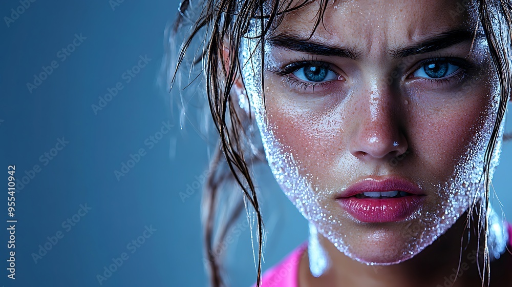 An intense close-up of a female athlete’s face during a tough workout ...