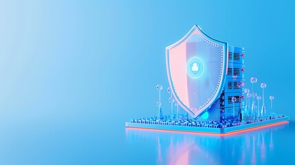 Poster - Futuristic concept of cybersecurity with shield protecting data center, symbolizing online security and information technology.