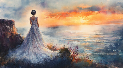 Wall Mural - A woman in a white dress stands on a rocky shoreline at sunset. The sky is filled with clouds and the sun is setting, casting a warm glow over the scene. The woman is lost in thought