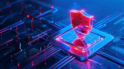 Poster - Futuristic cyber security concept with glowing shield symbol on a computer microchip highlighting protection against digital threats.