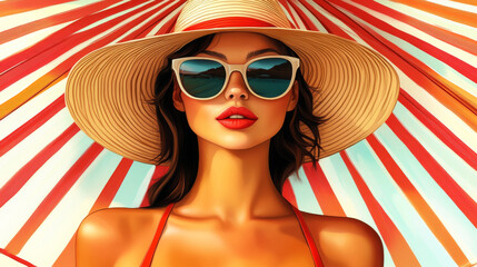 Wall Mural - A woman wearing a straw hat and sunglasses is standing under an umbrella. The image has a bright and cheerful mood, with the pink color of the hat and the umbrella adding to the overall sense of fun