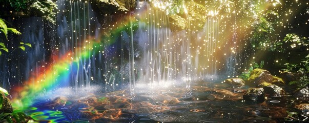 Wall Mural - Rainbow in misty waterfall spray, 4K hyperrealistic photo